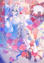 Rule 34 | 1girl, animal ears, animal print, barefoot, blue dress, blue eyes, breasts, cake, candy, cat ears, chocolate, dress, etivka, feet, flower, food, fruit, fur trim, furry, grey hair, highres, holding, holding candy, holding food, holding lollipop, jewelry, large breasts, leopard print, lollipop, long hair, original, rose, solo, strawberry, tail, tiger tail, toes, white fur