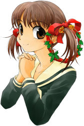 Rule 34 | 00s, 1girl, bell, bow, brown eyes, brown hair, christmas, christmas wreath, from side, fukuzawa yumi, gofu, hair bow, hair ornament, interlocked fingers, long sleeves, looking at viewer, maria-sama ga miteru, own hands clasped, own hands together, school uniform, serafuku, short hair, smile, solo, twintails, upper body, white background, wreath