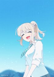 Rule 34 | 1girl, absurdres, blonde hair, blue sky, closed eyes, collared shirt, commentary request, day, girls band cry, green necktie, habsida (habsida hpy), highres, kawaragi momoka, light particles, long hair, necktie, open mouth, outdoors, ponytail, school uniform, shirt, sky, smile, solo, twitter username, upper body, white shirt