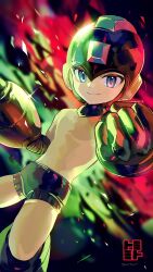 1boy absurdres arm_cannon black_helmet blue_eyes blurry blurry_background bodysuit clenched_hand closed_mouth glint helmet highres looking_at_viewer male_focus mega_man_(character) mega_man_(classic) mega_man_(series) signature smile solo weapon yasaikakiage yellow_bodysuit