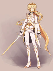 Rule 34 | 1boy, aether (genshin impact), ahoge, armor, artist name, asymmetrical armor, asymmetrical clothes, blonde hair, boots, braid, buttons, cape, coat, crown, earrings, genshin impact, gloves, gold crown, gold earrings, gold trim, hair between eyes, highres, holding, holding sword, holding weapon, jewelry, long hair, male focus, medal, pants, prince, redbeanegg, sash, shoes, short hair with long locks, single braid, single earring, single shoe, sketch, solo, sword, weapon, white coat, white footwear, white gloves, white pants, yellow cape, yellow eyes, yellow sash