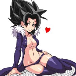 Rule 34 | 10s, 1girl, black eyes, black hair, breasts, caulifla, cleavage, coat, cosplay, curvy, dragon ball, dragon ball super, female focus, hand on own hip, heart, lewdamone, matching hair/eyes, merlin (nanatsu no taizai), nanatsu no taizai, navel, panties, saiyan, simple background, smile, solo, spiked hair, stomach, thighs, underwear, white background