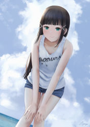 Rule 34 | 10s, 1girl, bad id, bad pixiv id, black hair, blunt bangs, blush, closed mouth, clothes writing, cloud, cloudy sky, cowboy shot, dutch angle, green eyes, group name, hands on own knees, highres, kurosawa dia, leaning forward, long hair, looking at viewer, love live!, love live! sunshine!!, mole, mole under mouth, ocean, outdoors, papi (papiron100), signature, sky, smile, solo, standing, tank top