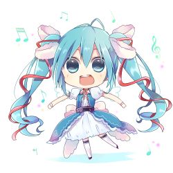 Rule 34 | 1girl, aqua eyes, aqua hair, bad id, bad pixiv id, beamed quavers, chibi, dress, hair ribbon, hatsune miku, long hair, lowres, musical note, open mouth, outstretched arms, quaver, ribbon, solo, spread arms, sxupxdxxy, treble clef, twintails, very long hair, vocaloid