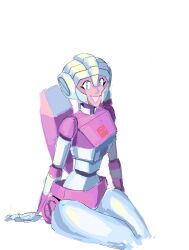 Rule 34 | 1girl, arcee, autobot, backpack, bag, blue eyes, breasts, helmet, highres, humanoid robot, image sample, itstom06331391, looking at viewer, mecha, narrow waist, panties, pink panties, robot, science fiction, simple background, sitting, small breasts, smile, solo, thighs, transformers, twitter sample, underwear, white background