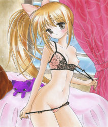 Rule 34 | 1girl, absurdres, bed, blush, bow, bra, bra pull, brown eyes, brown hair, clothes pull, colored pencil (medium), curtains, groin, hair bow, highres, lace, lace bra, lingerie, long hair, marker (medium), navel, nipples, original, panties, panty pull, ponytail, solo, stuffed animal, stuffed toy, tegaki no yuu, traditional media, underwear, underwear only, very long hair, window