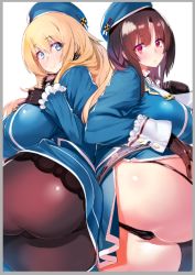 Rule 34 | 10s, 2girls, :o, ascot, ass, atago (kancolle), beret, black gloves, black hair, black panties, blonde hair, blue eyes, blush, border, breast suppress, breasts, frilled sleeves, frills, fur collar, garter straps, gloves, hair between eyes, hand on breast, hand on own hip, hat, huge ass, huge breasts, kantai collection, large breasts, long hair, long sleeves, looking at viewer, lying, military, military uniform, multiple girls, on side, panties, pantyhose, parted lips, red eyes, shiny clothes, shiny skin, short hair, sidelocks, simple background, sitting, smile, takamura wamu, takao (kancolle), thigh gap, underwear, uniform, white background, wide hips