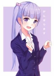 Rule 34 | 10s, 1girl, blunt bangs, collared shirt, dress shirt, flower, ganbaru pose, hair flower, hair ornament, hands up, highres, itachi kanade, long hair, looking at viewer, new game!, open mouth, pink background, purple eyes, purple hair, shirt, simple background, smile, solo, suzukaze aoba, twintails, two-tone background, uniform, upper body, white background, white shirt, wing collar