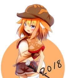 Rule 34 | 1girl, 2018, absurdres, animal ears, bandaged leg, bandages, blush, brown hat, brown shirt, brown shorts, cabbie hat, capelet, chinese zodiac, commentary request, cowboy shot, dog ears, dog girl, dog tail, hair between eyes, hat, highres, holding, idaten93, katana, looking at viewer, navel, open mouth, orange capelet, orange hair, original, purple eyes, scabbard, sheath, sheathed, shirt, short shorts, shorts, solo, sword, tail, tied shirt, weapon, year of the dog