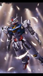 Rule 34 | airborne, cloud, commentary, dark clouds, falling feathers, feathers, foot out of frame, g.yamamoto, green eyes, gundam, gundam aerial, gundam suisei no majo, highres, letterboxed, light rays, mecha, mobile suit, no humans, open hands, robot, solo, v-fin, white feathers