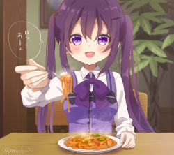 Rule 34 | 1girl, artist name, blush, bowl, chair, facing viewer, food, fork, gochuumon wa usagi desu ka?, hair ornament, hairclip, holding, holding fork, indoors, long hair, looking at viewer, mozukun43, noodles, open mouth, pasta, plate, purple eyes, purple hair, sitting, smile, solo, speech bubble, table, tedeza rize, translation request, twintails, twitter username