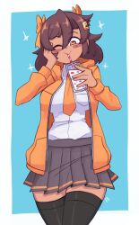 Rule 34 | 1girl, :&gt;, absurdres, black thighhighs, blue background, blush stickers, borrowed character, breast pocket, brown hair, collared shirt, cowboy shot, cup, dark-skinned female, dark skin, doce, drink, drinking, drinking glass, drinking straw, female focus, grey skirt, hair between eyes, hair ornament, hair ribbon, hairclip, hand on own cheek, hand on own face, head tilt, heart, heart-shaped pupils, highres, holding, holding drink, jacket, necktie, one eye closed, open clothes, open jacket, orange eyes, orange jacket, orange necktie, orange ribbon, original, pleated skirt, pocket, ribbon, shirt, skirt, solo, sparkle, symbol-shaped pupils, terra (dulcestratus), thighhighs, white shirt