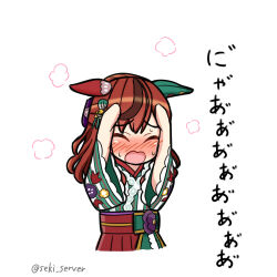 Rule 34 | 1girl, animal ears, artist name, blush, bow, brown hair, chibi, closed eyes, commentary request, ear covers, ears down, floral print, green kimono, hair bow, hair down, hands on own head, holding, horse ears, horse girl, horse tail, japanese clothes, kimono, long hair, long sleeves, looking at viewer, medium hair, multicolored hair, nice nature (converging wishes) (umamusume), nice nature (umamusume), official alternate costume, official alternate hairstyle, open mouth, print kimono, purple bow, seki (hyokosho), simple background, smile, streaked hair, striped clothes, striped kimono, tail, translation request, twitter username, two-tone hair, umamusume, upper body, vertical-striped clothes, vertical-striped kimono, white background, wide sleeves