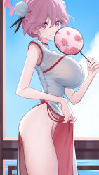 1girl absurdres aoi_riko armpit_peek blue_archive blue_sky breasts bun_cover china_dress chinese_clothes cloud cloudy_sky commentary_request day double_bun dress from_side hair_between_eyes hair_bun halo hand_fan highres holding holding_fan large_breasts looking_at_viewer no_panties official_alternate_costume official_alternate_hairstyle pink_eyes pink_hair pink_halo side_slit skirt_hold sky smile solo thighs tomoe_(blue_archive) tomoe_(qipao)_(blue_archive) white_dress