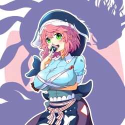 Rule 34 | 1girl, apron, arm under breasts, arm up, blue apron, blue headwear, breasts, card, character request, commentary, cowboy shot, cross-laced clothes, dragon, green eyes, highres, holding, holding card, large breasts, looking at viewer, okunoda miyoi, open mouth, pink hair, purple skirt, rioku, short hair, short sleeves, skirt, solo, touhou, whale hat, yu-gi-oh!