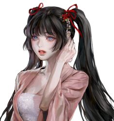 Rule 34 | 1girl, ateli er, black hair, blue eyes, breasts, cleavage, commission, flower, hair flower, hair ornament, hair tie, hand on own head, korean commentary, long hair, looking at viewer, original, parted lips, solo, teeth, twintails, upper body, upper teeth only, white background, wide sleeves