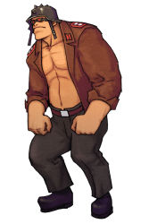 Rule 34 | 1boy, advance wars, advance wars: dual strike, belt, boots, frown, full body, goggles, helmet, highres, hirata ryou, kong, male focus, military, military uniform, muscular, nintendo, official art, open clothes, open shirt, shirt, simple background, solo, spikes, standing, uniform