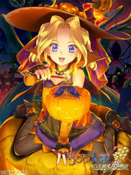 Rule 34 | 1girl, ankle boots, arm warmers, bat (animal), bat necklace, blonde hair, blue eyes, boots, bow, bug, copyright name, dress, flat chest, glowing, glowing eyes, grey pantyhose, hair bow, halloween, hat, high collar, huge bow, iris chateaubriand, jack-o&#039;-lantern, jewelry, kneeling, lantern, necklace, official art, pantyhose, paper lantern, plaid, plaid bow, print pantyhose, pumpkin, purple bow, sakura taisen, sleeveless, sleeveless dress, solo, spider, spider web print, tree, witch, witch hat, yuasa tsugumi