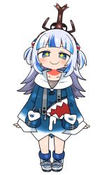 Rule 34 | 1girl, blue eyes, blue hair, blue jacket, blush, closed mouth, full body, gawr gura, gawr gura (1st costume), hololive, hololive english, jacket, kanikama, long sleeves, looking at viewer, multicolored hair, simple background, smile, solo, sparkling eyes, standing, virtual youtuber, white background, white hair