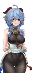 Rule 34 | 1girl, absurdres, ahoge, armpit crease, bare shoulders, bell, black bodysuit, black gloves, black pantyhose, blue hair, blush, bodystocking, bodysuit, breasts, chinese knot, chroong, closed mouth, clothing cutout, commentary request, covered navel, cowbell, crop top, curled horns, fingernails, ganyu (genshin impact), genshin impact, gloves, goat horns, gold trim, highres, horns, korean commentary, leotard, leotard under clothes, lifted by self, long hair, long sleeves, looking at viewer, medium breasts, multiple girls, neck bell, pantyhose, purple eyes, side cutout, sidelocks, silver hair, simple background, smile, solo, standing, tabard, tassel, thigh gap, thighlet, waist cape, white background