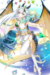 Rule 34 | 1girl, aiolos (soccer spirits), aqua eyes, breasts, cleavage, dragon horns, dragon tail, dragon wings, dress, earrings, flower, full body, gem, green eyes, head wreath, high heels, horns, jewelry, long hair, looking at viewer, medium breasts, official art, pointy ears, skirt, skirt hold, smile, soccer spirits, solo, standing, standing on one leg, tail, thighhighs, transparent background, tuuuh, very long hair, white dress, white hair, white skirt, wings