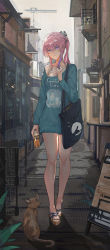 Rule 34 | 1girl, alternate costume, bag, bare legs, bottle, brown cat, cat, chinese commentary, commentary request, dress, full body, girls&#039; frontline, green sweater, hair ornament, highres, long sleeves, looking at viewer, mai (xskdizzy), multicolored hair, outdoors, pink hair, ponytail, purple eyes, purple hair, shoulder bag, smile, st ar-15 (girls&#039; frontline), standing, sweater, sweater dress