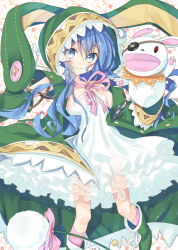 Rule 34 | 10s, 1girl, animal ears, animal hood, bad id, bad pixiv id, blue eyes, blue hair, boots, chm (macharge), coat, date a live, eyepatch, green footwear, hand puppet, hood, long hair, looking at viewer, matching hair/eyes, open mouth, puppet, rabbit, rabbit ears, smile, solo, stuffed animal, stuffed toy, yoshino (date a live), yoshinon