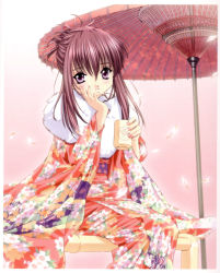 Rule 34 | 00s, 1girl, chikage (sister princess), head rest, cup, floral print, highres, japanese clothes, kimono, nail polish, oil-paper umbrella, parasol, petals, pink nails, purple eyes, purple hair, sister princess, sitting, smile, solo, umbrella