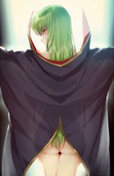 Rule 34 | 1girl, ass, bottomless, c.c., cape, code geass, cowboy shot, creayus, from behind, green hair, long hair, looking at viewer, looking back, naked cape, see-through, see-through silhouette, smile, solo, standing, yellow eyes