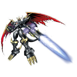 Rule 34 | armor, cannon, claws, damaged, digimon, imperialdramon, imperialdramon fighter mode (black), looking at viewer, non-web source, red eyes, simple background, tail, white background, wings
