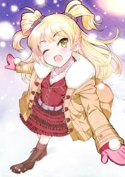 Rule 34 | 10s, 1girl, ;d, bad id, bad pixiv id, blonde hair, blush, coat, eyelashes, hekiten, highres, idolmaster, idolmaster cinderella girls, jougasaki rika, long hair, mittens, one eye closed, open mouth, outstretched arms, skirt, smile, snow, solo, spread arms, twintails, two side up, wink, yellow eyes