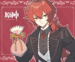 Rule 34 | 1boy, absurdres, diluc (genshin impact), gem, genshin impact, gift, happy white day, highres, holding, holding gift, long hair, long sleeves, looking at viewer, low ponytail, official art, red eyes, red hair