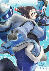 Rule 34 | 1girl, ass, bad id, bad pixiv id, beads, belt, belt pouch, black-framed eyewear, blue gloves, blue legwear, boots, brown eyes, brown hair, canister, coat, drone, energy gun, floating, fur-trimmed jacket, fur coat, fur trim, glasses, gloves, gun, hair bun, hair ornament, hair stick, hand up, handgun, highres, holding, holding gun, holding weapon, hose, jacket, knee boots, leg up, looking at viewer, machinery, mei (overwatch), open mouth, outstretched arm, overwatch, overwatch 1, parka, pink lips, pouch, print legwear, ray gun, robot, short hair, sidelocks, single hair bun, smile, snowball (overwatch), solo, standing, swept bangs, utility belt, weapon, winter clothes, winter coat, yonsang21
