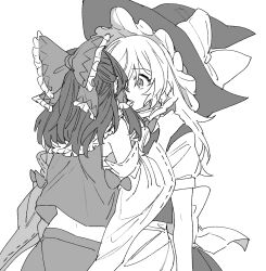 Rule 34 | 2girls, apron, bow, braid, chest sarashi, commentary request, detached sleeves, frilled bow, frilled hair tubes, frills, greyscale, hair bow, hair tubes, hakurei reimu, hand on another&#039;s shoulder, hat, hat bow, highres, kirisame marisa, kiss, long hair, mero (starfish jcs), monochrome, multiple girls, ribbon-trimmed sleeves, ribbon trim, sarashi, short sleeves, side braid, single braid, touhou, waist apron, witch hat, yuri