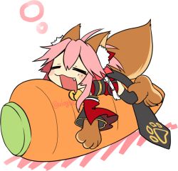 Rule 34 | 1girl, animal ears, animal hands, bell, bow, carrot, closed eyes, collar, detached sleeves, fang, fate/grand order, fate (series), fox ears, fox tail, gloves, hair bow, japanese clothes, neck bell, negi (ulog&#039;be), paw gloves, pink hair, ponytail, saliva, sleeping, solo, tail, tamamo (fate), tamamo cat (fate), tamamo cat (first ascension) (fate), tamamo no mae (fate/extra), thighhighs, zettai ryouiki