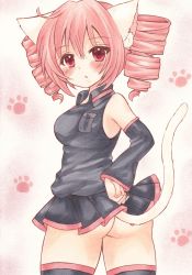 Rule 34 | 1girl, absurdres, animal ears, armpits, ass, blush, cat ears, detached sleeves, drill hair, hand on own hip, highres, kasane teto, looking at viewer, looking back, medium hair, no panties, parted lips, paw print, paw print background, red eyes, red hair, solo, standing, tail, thighhighs, traditional media, twin drills, twintails, utau, waitan1729