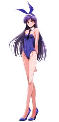 Rule 34 | 1girl, animal ears, arms behind back, bare legs, blue footwear, blue leotard, breasts, character request, detached collar, fake animal ears, heels, highres, idolmaster, idolmaster (classic), island (kossori), kisaragi chihaya, leotard, long hair, looking at viewer, necktie, playboy bunny, purple hair, rabbit ears, small breasts, smile, solo, standing, strapless, strapless leotard