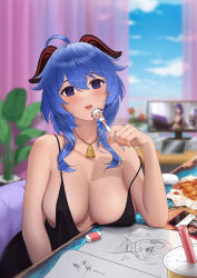 Rule 34 | 1girl, ahoge, artist self-reference, bare arms, bare shoulders, bell, black dress, blue hair, blue sky, blurry, blush, breast rest, breasts, cameo, cat, cellphone, cleavage, covered erect nipples, cowbell, cup, curtains, day, depth of field, disposable cup, drawing (object), dress, drinking, drinking straw, elbows on table, eraser, eren yeager, flower, food, food theft, food wrapper, ganyu (genshin impact), genshin impact, goat horns, hand up, highres, holding, holding pen, horns, indoors, jewelry, large breasts, long hair, looking at viewer, monitor, neck bell, necklace, parted lips, pen, pendant, phone, plant, plunging neckline, potted plant, purple eyes, reaching, red flower, saliva, sheep, shingeki no kyojin, sidelocks, sitting, sketchbook, sky, sleeveless, sleeveless dress, smartphone, solo, spaghetti strap, strap slip, table, window, yeguirong