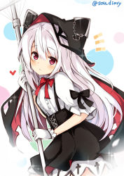 Rule 34 | 1girl, azur lane, black bow, black skirt, bow, center frills, chain, closed mouth, commentary request, erebus (azur lane), frills, gloves, hair between eyes, heart, holding, hood, hood up, long hair, looking at viewer, notice lines, pleated skirt, puffy short sleeves, puffy sleeves, red bow, red eyes, shirt, short sleeves, skirt, solo, sou (soutennkouchi), suspender skirt, suspenders, twitter username, very long hair, white gloves, white hair, white shirt