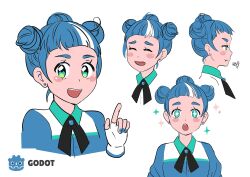 Rule 34 | 1girl, :d, andrea calabro, blue hair, blue shirt, blush, character sheet, closed eyes, closed mouth, collared shirt, commentary, cropped torso, earrings, english commentary, expressions, fingerless gloves, frown, gloves, godette, godot (game engine), green eyes, hair bun, hand up, highres, index finger raised, jewelry, logo, looking at viewer, multicolored hair, multiple hair buns, multiple views, official art, open mouth, second-party source, shirt, short hair, short sleeves, simple background, smile, solo, sparkle, sparkling eyes, streaked hair, two-tone hair, upper body, white background, white gloves