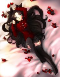Rule 34 | 1girl, black hair, black thighhighs, blue eyes, brown hair, fate/stay night, fate (series), hair ribbon, long hair, on bed, petals, ribbon, solo, thighhighs, tohsaka rin, tusk0315, two side up