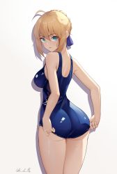Rule 34 | 1girl, absurdres, adjusting clothes, adjusting swimsuit, ahoge, alternate costume, aqua eyes, artoria pendragon (all), artoria pendragon (fate), ass, bare arms, bare shoulders, blonde hair, blue one-piece swimsuit, blue ribbon, braid, breasts, competition swimsuit, cowboy shot, fate/stay night, fate (series), from behind, gk guoke, hair ribbon, highres, looking at viewer, looking back, medium breasts, one-piece swimsuit, parted lips, ribbon, saber (fate), short hair, sidelocks, signature, smile, solo, swimsuit, thighs