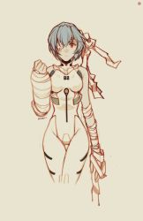 Rule 34 | 1girl, ayanami rei, bandage over one eye, bandaged arm, bandages, blue hair, bodysuit, breasts, closed mouth, commentary, cropped legs, english commentary, hair between eyes, highres, interface headset, looking at viewer, medium breasts, neon genesis evangelion, oxcoxa, plugsuit, red eyes, short hair, simple background, solo, white bodysuit