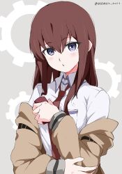 Rule 34 | 1girl, absurdres, blue eyes, blush, breast pocket, brown hair, brown jacket, collared shirt, commentary, dress shirt, gears, hair between eyes, hand on own elbow, hand up, highres, holding, holding phone, jacket, long hair, long sleeves, looking at viewer, loose necktie, makise kurisu, necktie, off shoulder, parted lips, phone, pocket, red necktie, shirt, sleeve garter, solo, steins;gate, straight hair, twitter username, upper body, white gorilla (okamoto), white shirt
