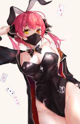 Rule 34 | 1girl, animal ears, bare shoulders, beige background, black jacket, black ribbon, black thighhighs, breasts, card, cleavage, detached collar, earrings, fake animal ears, hair ribbon, heterochromia, highres, hololive, houshou marine, jacket, jewelry, leotard, long hair, looking at viewer, mask, medium breasts, mouth mask, panipo, playboy bunny, rabbit ears, red eyes, red hair, ribbon, simple background, solo, thighhighs, thighs, twintails, virtual youtuber, yellow eyes