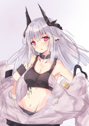 Rule 34 | 1girl, arknights, armpits, bare shoulders, black tank top, blush, breasts, cleavage, collarbone, commentary request, curled horns, ear piercing, gradient background, grey background, grey jacket, groin, hair between eyes, highres, hizaka, horns, jacket, long hair, looking at viewer, material growth, medium breasts, mudrock (arknights), mudrock (elite ii) (arknights), navel, open clothes, open jacket, oripathy lesion (arknights), parted lips, piercing, pointy ears, red eyes, sarashi, silver hair, solo, sweat, tank top, white background