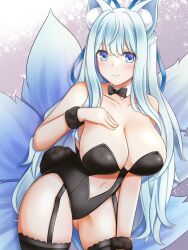 Rule 34 | absurdres, amai ami (artist), amaiami (vtuber), animal ears, blue eyes, blue hair, blush, breasts, garter straps, highres, large breasts, long hair, multiple tails, ribbon, smile, stomach, tagme, tail, very long hair