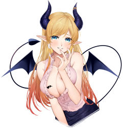Rule 34 | 1girl, absurdres, bare arms, bare shoulders, blonde hair, blue eyes, blush, breasts, center frills, cleavage, commentary, cropped legs, demon girl, demon horns, demon tail, demon wings, fingernails, frilled shirt, frills, gradient hair, highres, hololive, horns, large breasts, long hair, looking at viewer, multicolored hair, no bra, orange hair, parted lips, pink shirt, pointy ears, shirt, simple background, sleeveless, sleeveless shirt, smile, solo, tail, tail raised, virtual youtuber, white background, wings, yuya (yuya illust), yuzuki choco, yuzuki choco (1st costume)