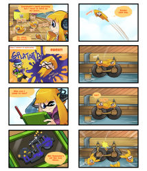 Rule 34 | &gt; &lt;, 4koma, ;(, ^ ^, arrow (symbol), bike shorts, black shorts, blue eyes, blunt bangs, closed eyes, closed mouth, comic, earrings, emphasis lines, english text, firing, gomipomi, green eyes, headband, headphones, highres, holding, holding weapon, inkling, inkling boy, inkling girl, inkling player character, jewelry, map, nintendo, pointy ears, profile, shirt, short sleeves, shorts, smile, speed lines, splatoon (series), splatoon 1, splattershot (splatoon), squid, t-shirt, teardrop, thought bubble, water, weapon, wooden floor, yellow shirt