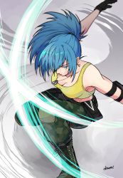 Rule 34 | 1girl, absurdres, armlet, bare shoulders, belt, blue eyes, blue hair, breasts, camouflage, camouflage pants, clenched hand, closed mouth, crop top, dog tags, gloves, highres, leona heidern, medium breasts, navel, okm091, pants, ponytail, simple background, sleeveless, solo, tank top, the king of fighters, the king of fighters xiv, the king of fighters xv, toned, white background, yellow tank top